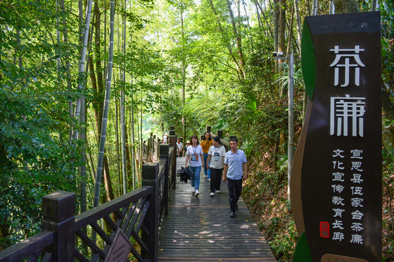 圖為參加全縣公務(wù)員更新知識培訓(xùn)班的學(xué)員正在伍家臺茶廉文化宣傳教育基地開展廉政教育。