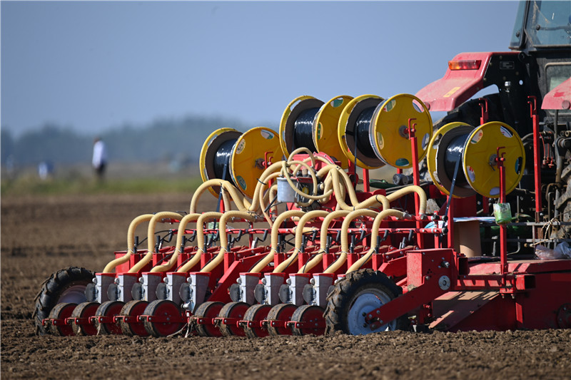 在湖北省潛江市竹根灘鎮(zhèn)外灘潛江大豆-樂事馬鈴薯種植基地，播種機正在田間往來穿梭播種。 吳燕軍攝