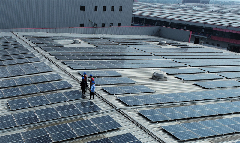 國網(wǎng)鄂州供電公司“鄂電紅馬甲”巡視唯品會(huì)光伏電站。戴佩攝