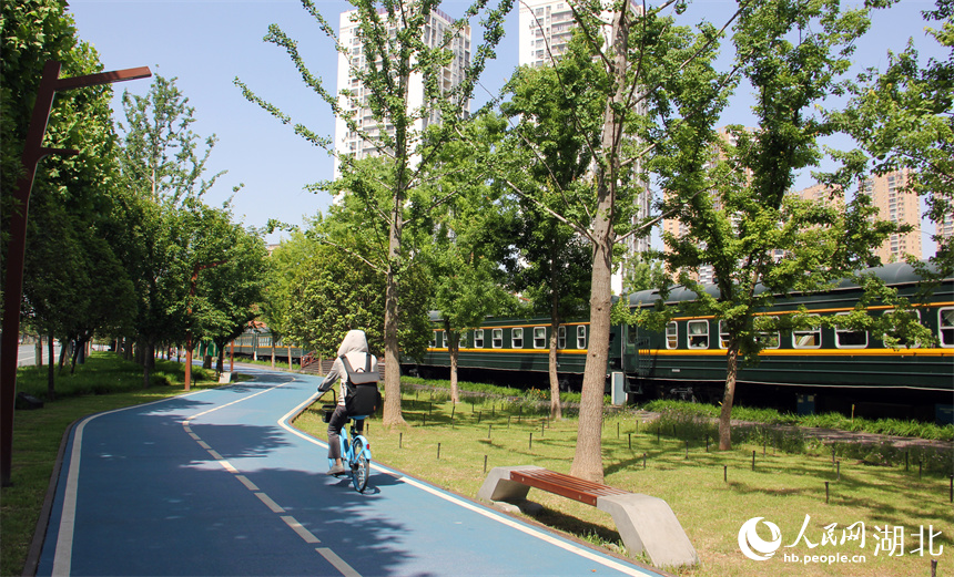 在四美塘文化公園，市民沿著車廂騎行。人民網記者 周恬攝