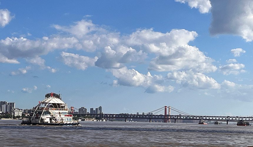 長江游輪和長江大橋同框。人民網(wǎng)記者 張雋攝