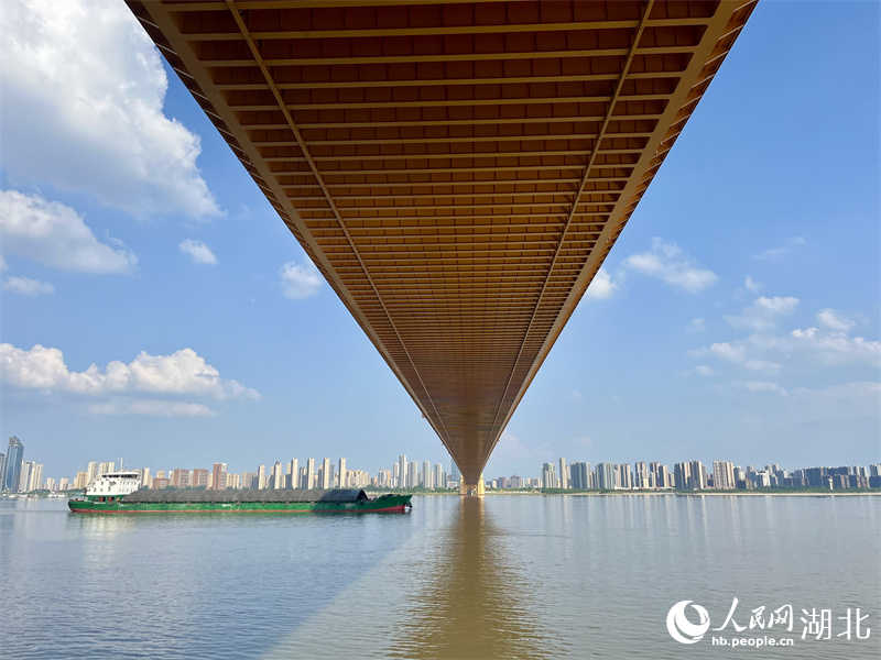 長(zhǎng)江武漢段，一艘貨船從楊泗港長(zhǎng)江大橋下經(jīng)過。人民網(wǎng)記者 張沛攝