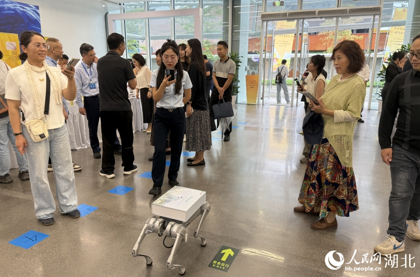 機器狗背上馱著大米產(chǎn)品，引人圍觀。人民網(wǎng)記者 周恬攝