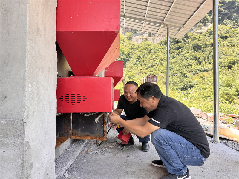 工作人員對(duì)灘坪村生物質(zhì)標(biāo)準(zhǔn)化烤房進(jìn)行設(shè)備檢修。興山縣煙草專賣局（營(yíng)銷部）供圖
