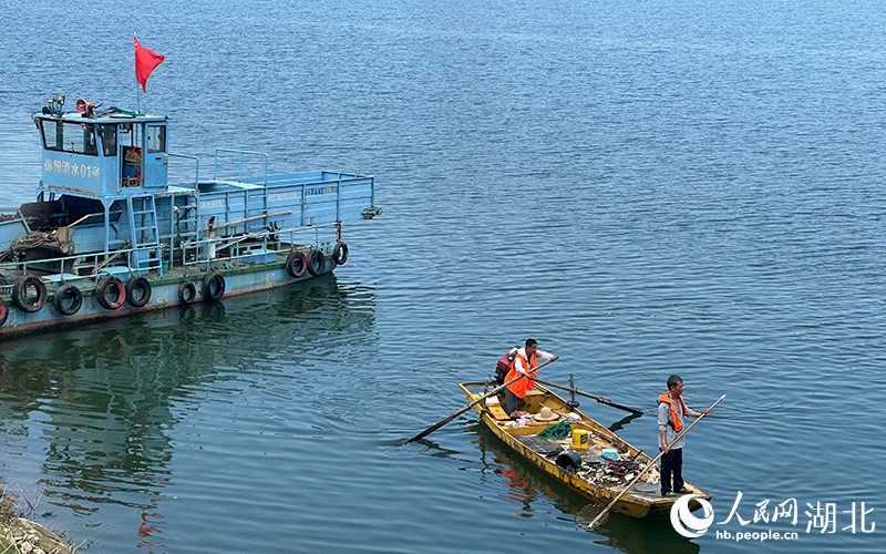十堰市鄖陽區(qū)志愿者在漢江清漂。人民網(wǎng)記者 張沛攝