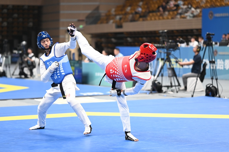 第十五屆全國運動會跆拳道項目資格賽（一）比賽現(xiàn)場。陜西省拳擊跆拳道運動管理中心供圖