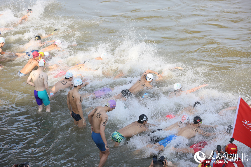 個人搶渡賽男子組選手下水。人民網(wǎng)記者 王郭驥攝