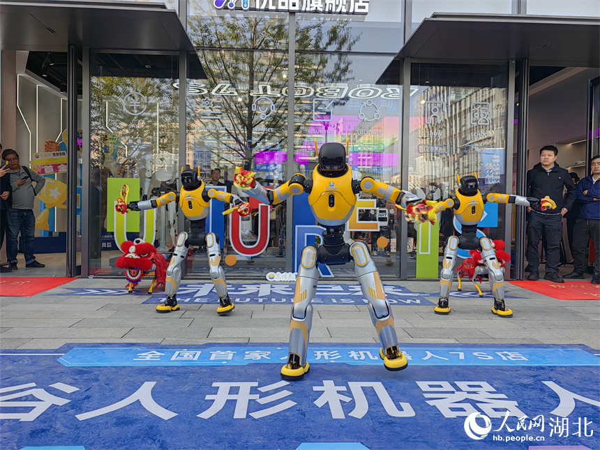 鄂產(chǎn)機器人和機器狗表演舞蹈。人民網(wǎng)記者 郭婷婷攝