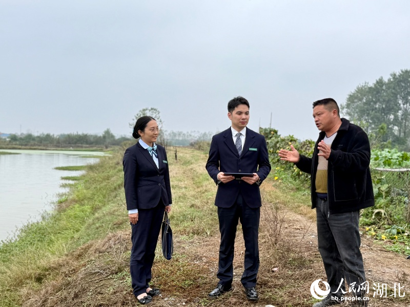郵儲銀行鄂州市分行工作人員來到特種魚養(yǎng)殖戶單東繼的魚塘邊了解養(yǎng)殖情況和需求。人民網(wǎng)記者 周恬攝