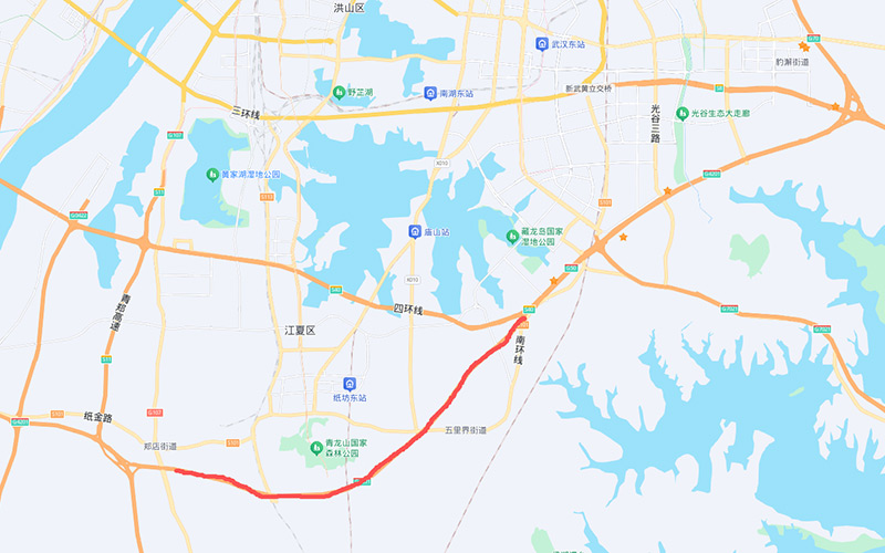 武漢繞城高速公路中洲至鄭店段改擴建工程路段示意圖。